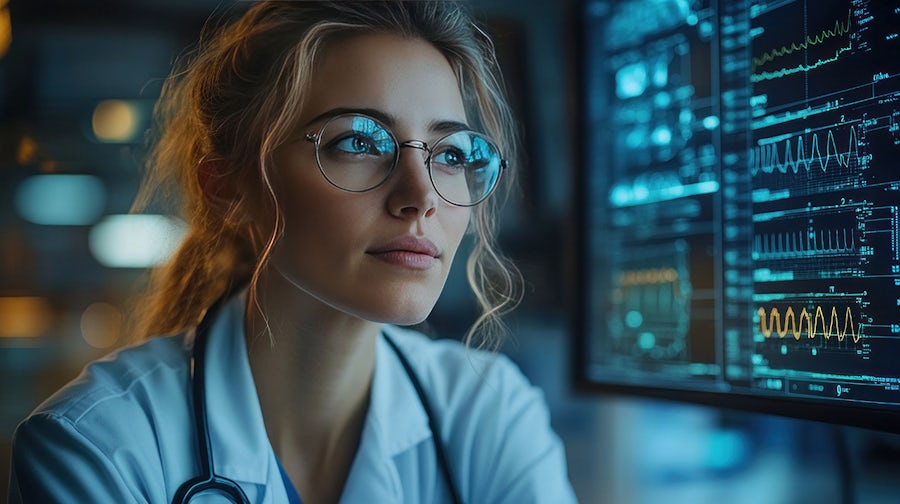female doctor diagnosing a digital twin patient, fully AI-powered medical simulation in a futuristic hospital