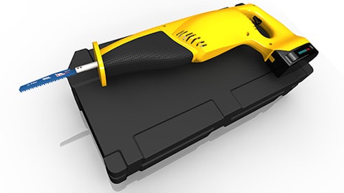 Digital image of a cordless reciprocating saw placed on black box.