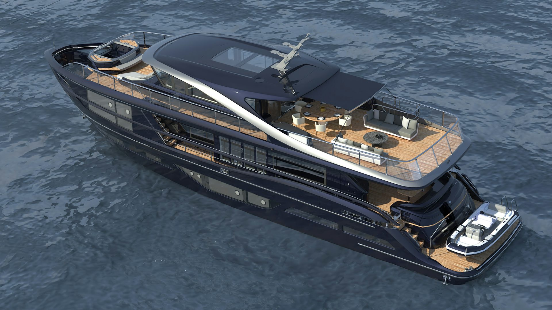 3D rendering of a black yacht on the water.