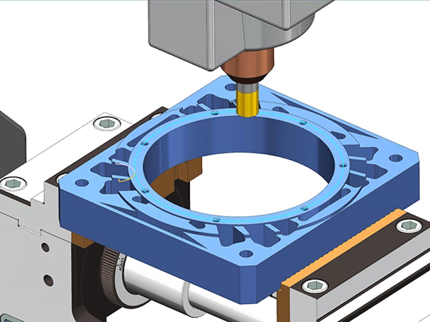 Siemens NX CAM simulation of an alternator face milling operation. The image shows a face mill tool machining the front surface of an alternator housing mounted on a rotary fixture. This highlights precision toolpath generation and verification in the NX CAM environment for complex part geometry.