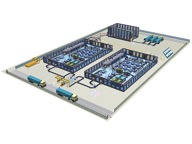 Plant Simulation Professional 软件中的 3D 工厂仿真模型显示送货卡车、物料卸载、两个生产区和一个高架仓库的细节。