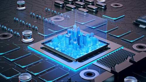 高层次综合，它仍是硬件设计：未来派微芯片城市的三维图示。