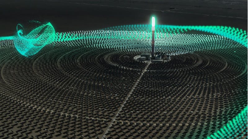 Petrol colored central tower of light surrounded by solar panels in circles 