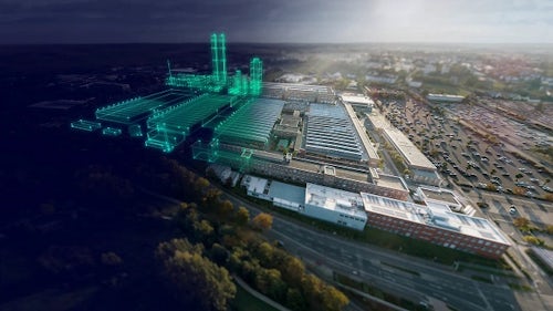 Aerial photo of a factory with a green digital overlay expansion