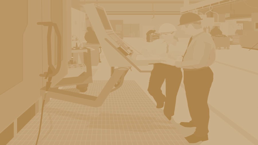 An illustration of a man and a woman in a machine shop