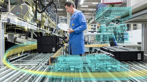 製造ラインで作業をしている男性と、そのラインでの作業内容をシミュレーションするデジタル・ツイン・ソフトウェアを示す画像。