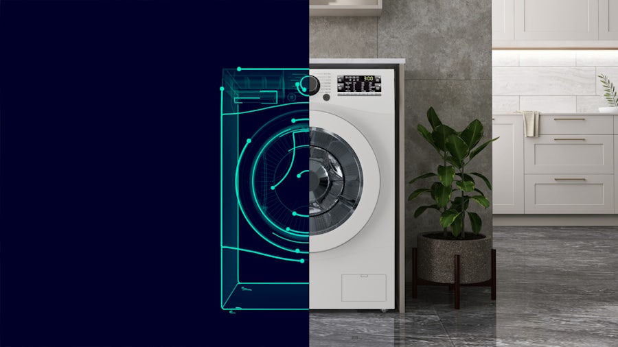 A split image showing a digital twin of a washing machine in green on a dark blue background on the left, and the actual washing machine in a laundry room on the right.