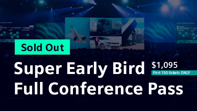 Super Early Bird pass on background of a conference mainstage. Passes are sold out.
