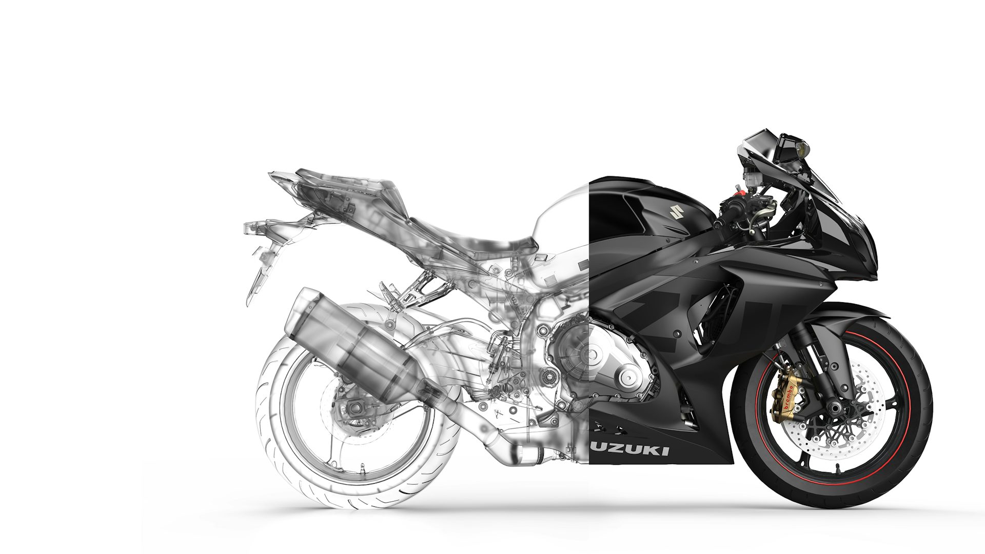 A side-by-side of a drawing of a motorcycle merged with an HD hyper-realistic 3D rendering of the same motorcycle designed in NX.