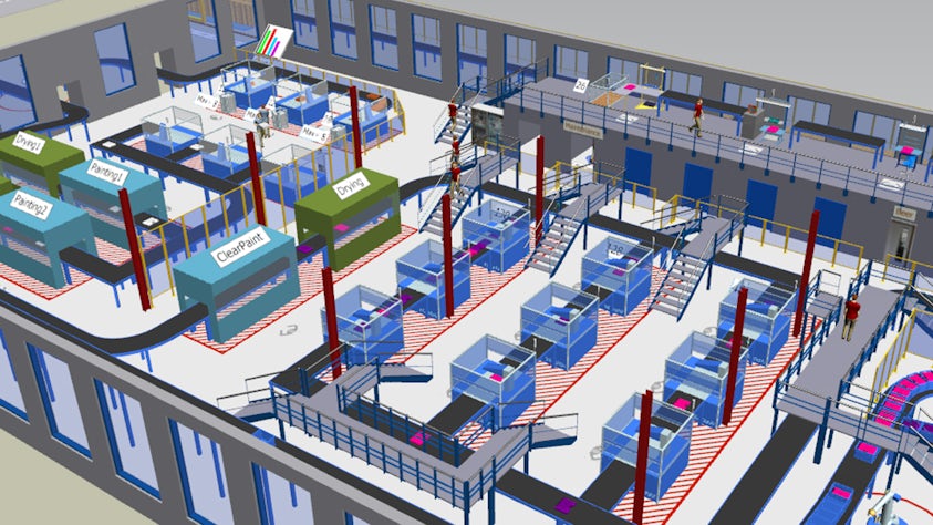 Detailed 3D factory simulation model in Plant Simulation software.