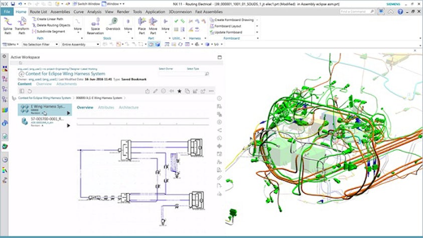 The image shows the design work of a wire harness in the only true multidisciplinary platform on the market today, linking the electrical schematics and the 3D model.