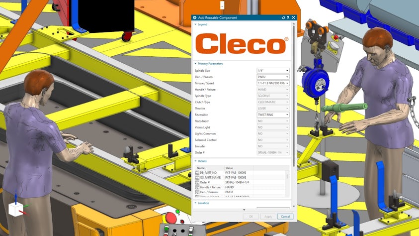 Line Designer X interface showing a configurable parametric resource from the Resource Library in use on an assembly line layout. Two virtual human figures demonstrate proper tool positioning and assembly processes. Parametric resources, built with Product Template Studio (PTS) and part families, are integrated with Teamcenter classification to promote standardization, reuse, and flexibility across global design teams