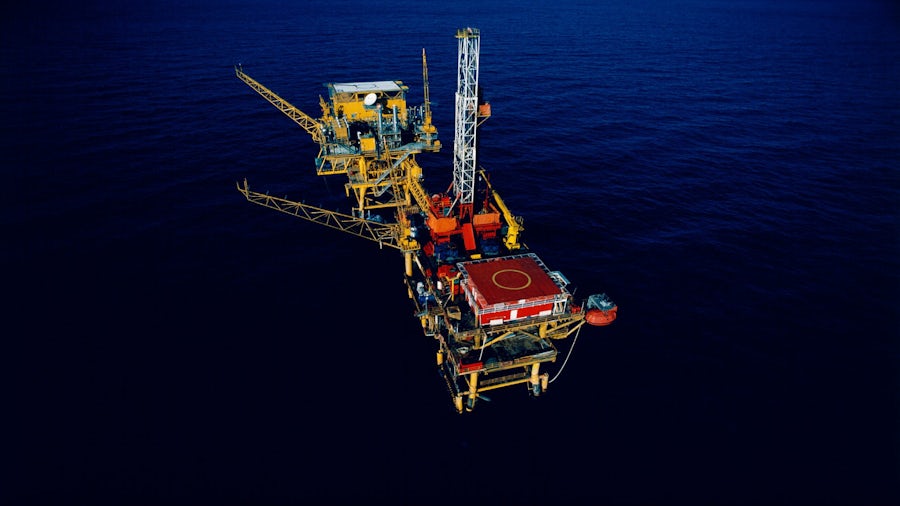 Aerial view of an offshore oil rig. 