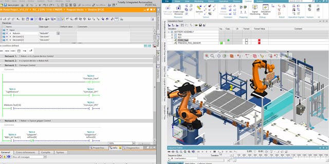 The left side shows a feature within Process Simulate X Robotics Advanced while the right features a 3D simulation of robotic arms, offering a complete virtual commissioning environment to validate work cells and lines.