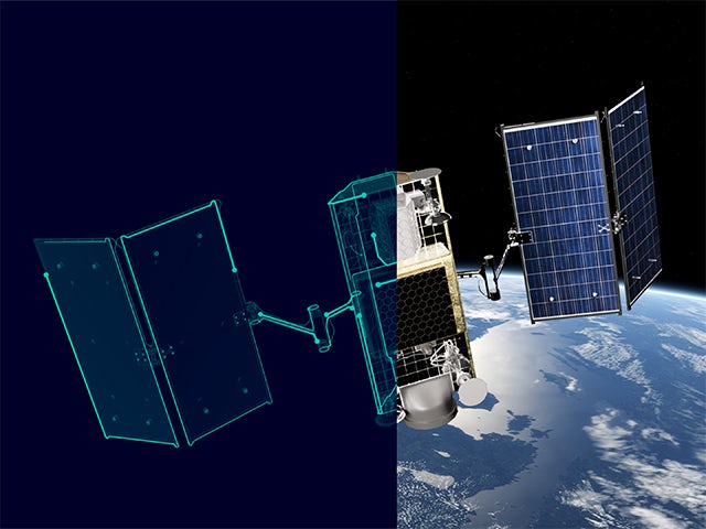 Split-view image of an aerospace satellite, with a Siemens digital twin wireframe rendering on the left and the actual satellite orbiting Earth on the right.