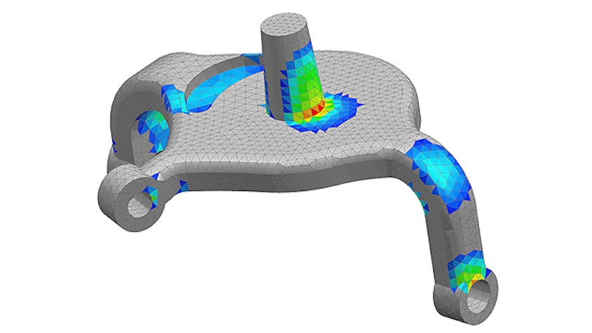 3D obrázek strojní součásti s vrstvami tepelných map pro zátěžové testy
