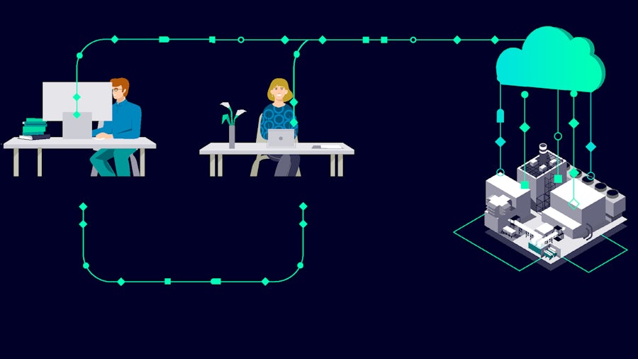 Representación gráfica de un ingeniero de diseño y un ingeniero de servicio conectados a operaciones de fabricación con soluciones de análisis del ciclo de vida del servicio.