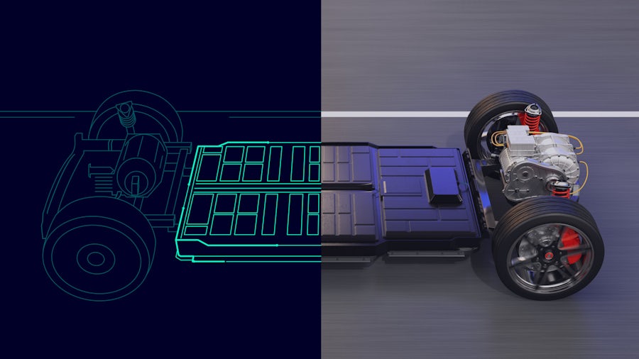 EVのデジタルツインとシミュレーションのコンピューター生成画像。