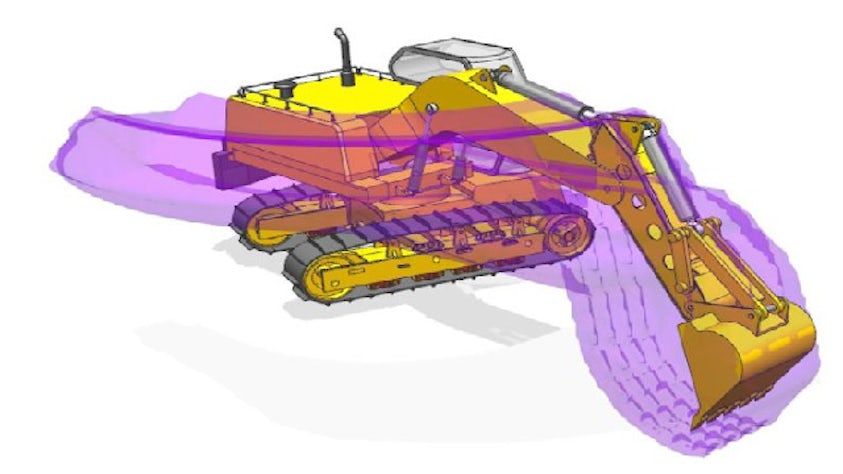 Image of 3D heavy machinery assembly with a  translucent motion envelope analysis created in NX Animation Designer.