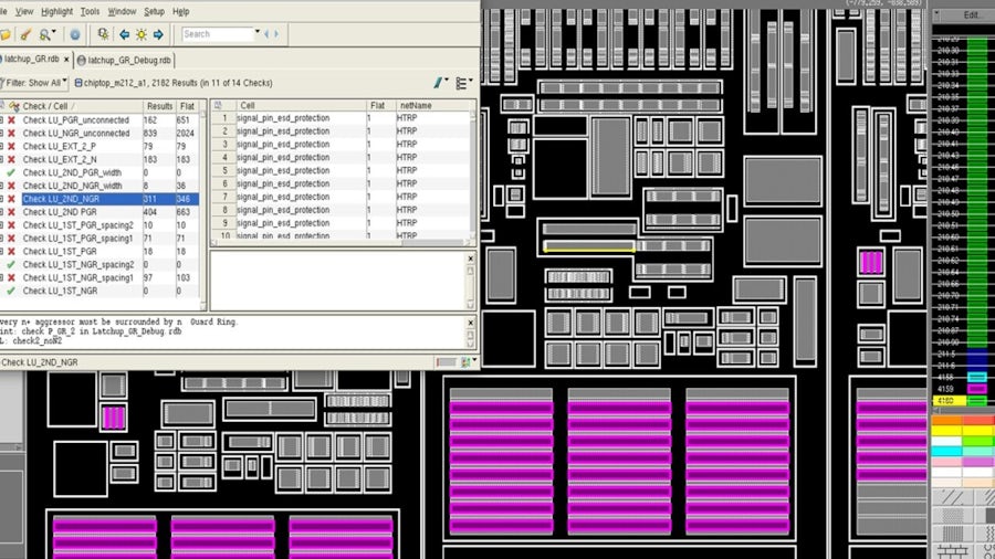 Screenshot showing example results from guard ring analysis results. One GUI window shows a list of the latch-up checks with one selected. The rest of the window shows the design layout with sections highlighted that correspond to the highlighted check.