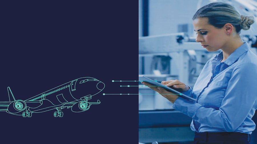 Split in half vertically, the image on the left is a graphic representation of a commercial aircraft on a dark blue background. The image on the right is an engineer examining simulation results on her tablet.