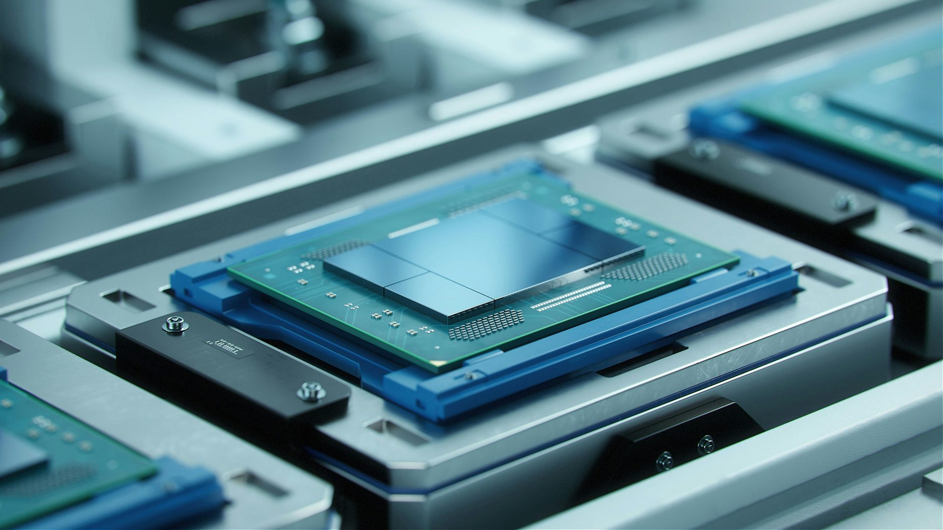 Advanced computer processor during production in a semiconductor facility.