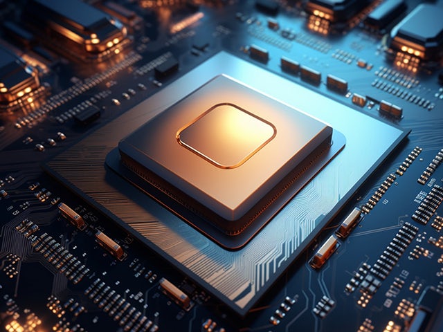 Close-up view of an integrated circuit (IC) package.
