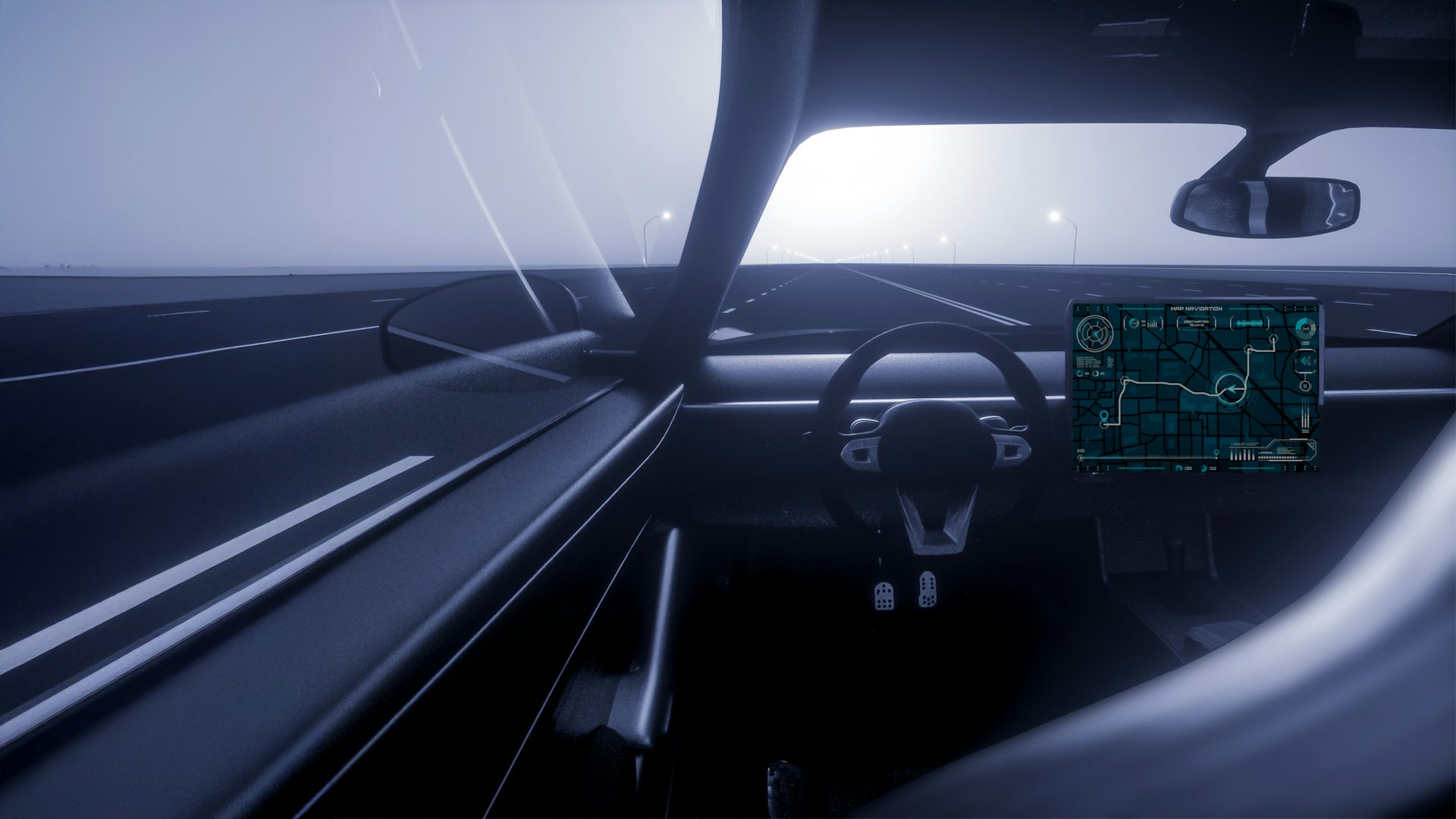 Electric car using autonomous driving with a navigation system visible while traveling on an open road.