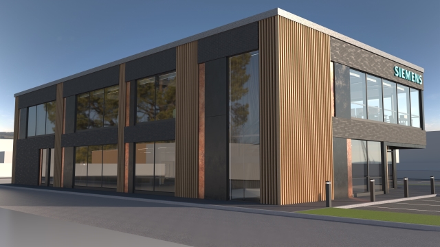 Rendu photoréaliste d'un immeuble de bureaux SIEMENS conçu dans NX CAD et créé avec NX Render.