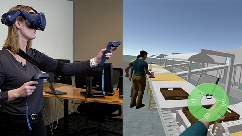 A woman using a VR headset and controllers side by side with the 3D simulation model of the factory that she is viewing while immersed.