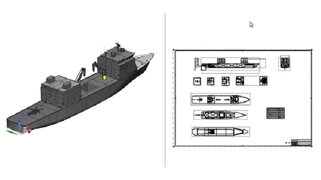 A 3D NX CAD model of a mid section of of ship, without the outer hull plates, showing the steel plates and reinforcing structures inside the ship.