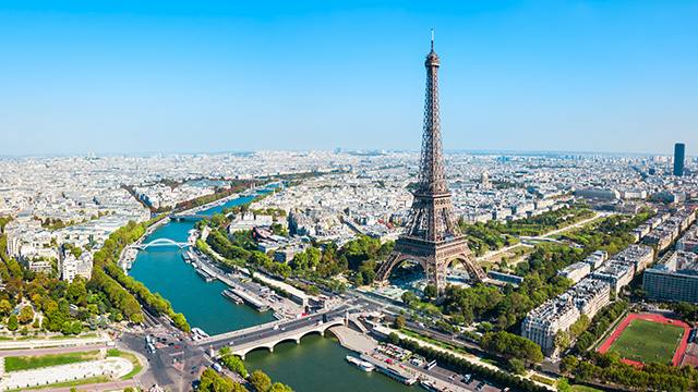 Aerial view of the Eiffel Tower on the Champ de Mars in Paris, France.