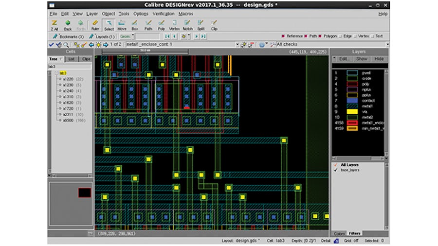 The Calibre DESIGNrev layout viewer lets CAD engineers build a custom environment that contains uniform tool preferences, default layer properties, layout preferences, and keyboard shortcuts | screenshot of Calibre DESIGNrev layout viewer