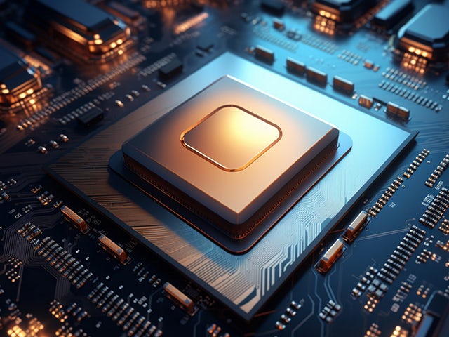 Rendering show a 3d IC on a printed circuit board. 