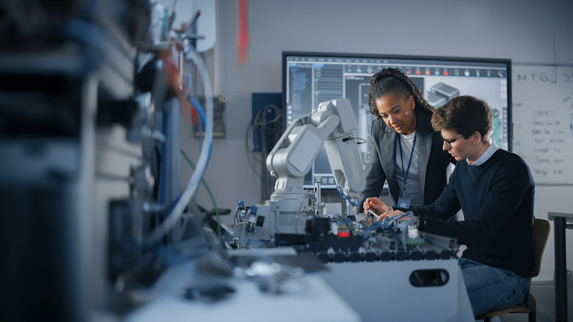 Un estudiante y un profesor están sentados en un laboratorio trabajando en algo con un robot.