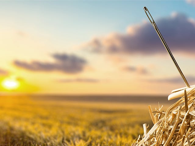 Image showing a needle sticking out of a hay stack with a field and sunset in the background. 