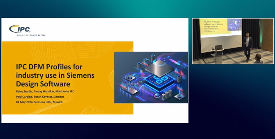 Presentation slide titled "IPC DFM Profiles for industry use in Siemens Design Software" with IPC logo, isometric microchip illustration, and presenters' names from IPC and Siemens. Small inset shows speaker presenting at Munich event.