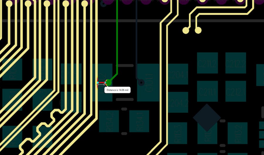 Screenshot of IC design layout with error marker overlay