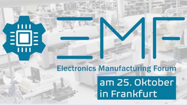 Electronics manufacturing forum event logo. Light blue font overlayed on a grayscale image of a manufacturing floor.
