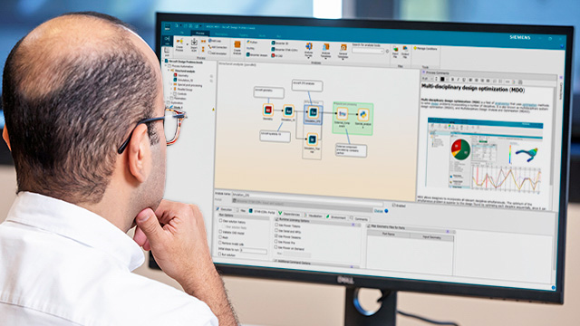 Man working on computer using Simcenter portfolio, model-based systems engineering (MBSE), simulation process and data management SPDM, RAMS and HPC cloud computing.