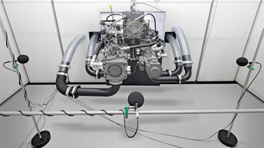 The acoustics test of the Liebherr axial piston unit according to the DIN 45635- 26 standard.