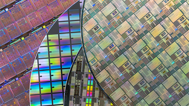 A collage of semiconductor wafer close-ups, showcasing intricate patterns and vibrant colors. The image highlights different types of integrated circuits (ICs) and chip layouts across multiple wafers. Some sections show reflective, rainbow-hued interference effects, while others display detailed grid structures with various microcircuitry blocks. The diverse layouts emphasize the complexity and precision of microchip manufacturing