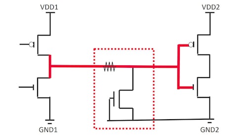 Diagram showing an ESD protection device inserted between two power domains.