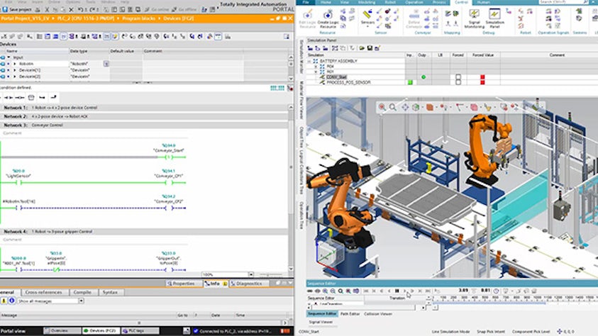 Kod programu sterownika PLC wyświetlany po lewej stronie z modelem 3D symulacji robotycznego gniazda produkcyjnego w oprogramowaniu Process Simulate wyświetlanym po prawej stronie na potrzeby wirtualnego sterowania.