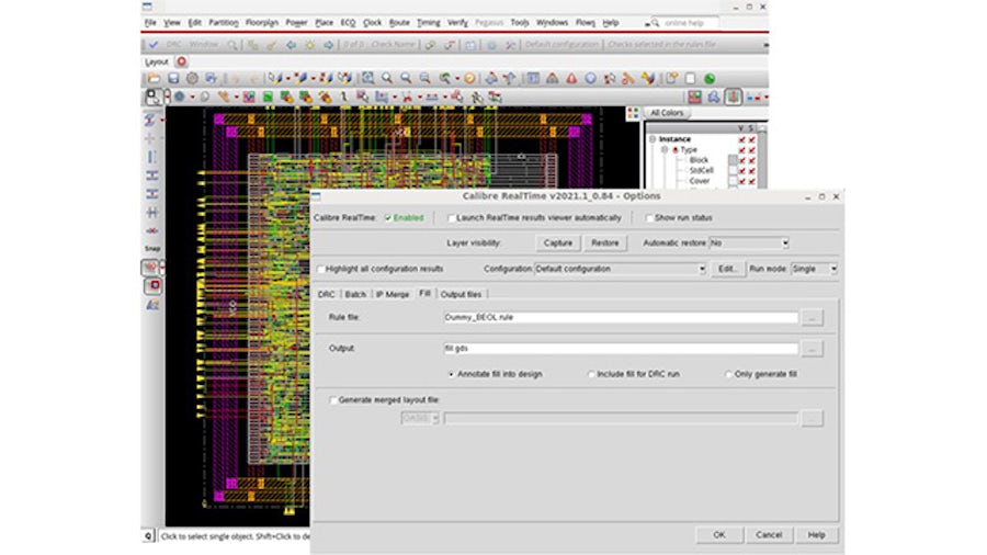 Screenshot of typical design P&R environment with Calibre RealTime Digital options GUI overlay showing easy invocation of Calibre signoff metal fill insertion in P&R during physical verification closure