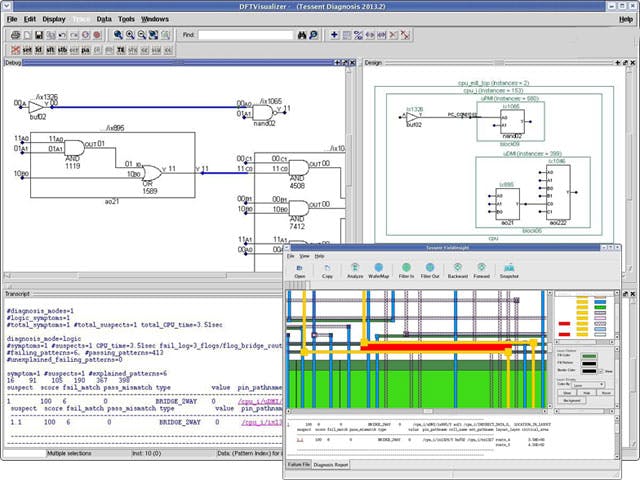 Screen shots showing functions of Tessent Diagnosis software.