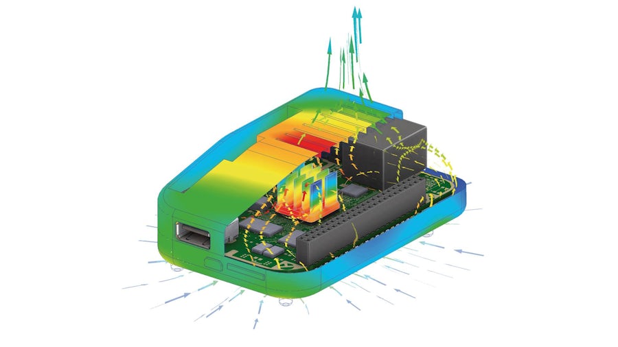 A 3D cross-section view of an electronic device, showing the internal components like circuit boards, heatsinks, and airflow patterns represented by colorful arrows flowing through the device.