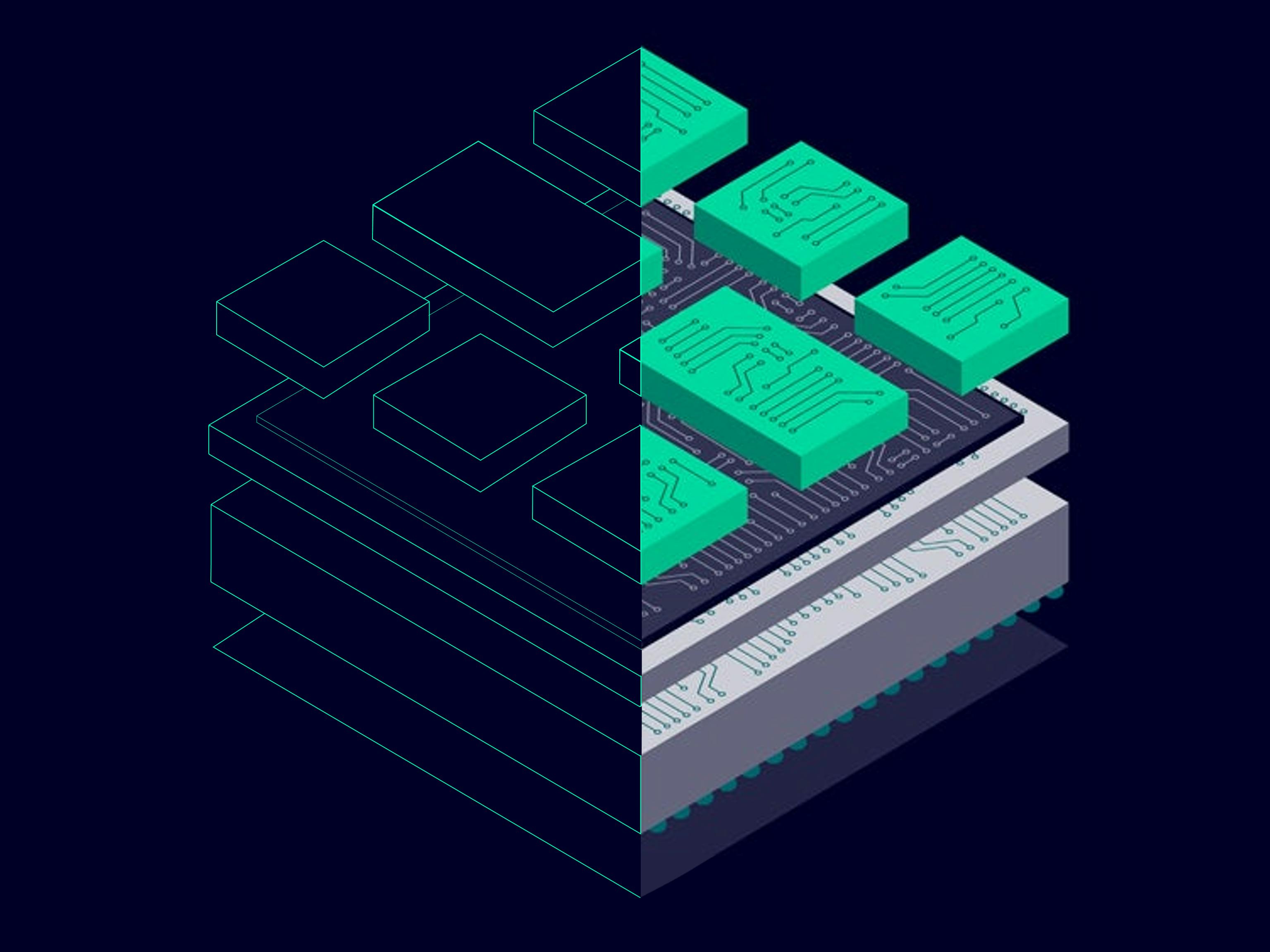 Drawing showing a three dimensional integrated circuit  where the left half shows only the outline while the right half shows more detail.  