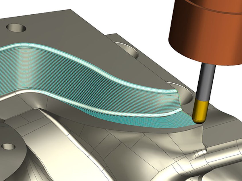 A detailed 3D image shows a CNC milling machine, equipped with Advanced Surface Finishing tools, cutting into a mold. The machine's tool head is poised above the mold, achieving exceptional surface quality with its precision on the curved, layered metal surfaces around the cutting area.