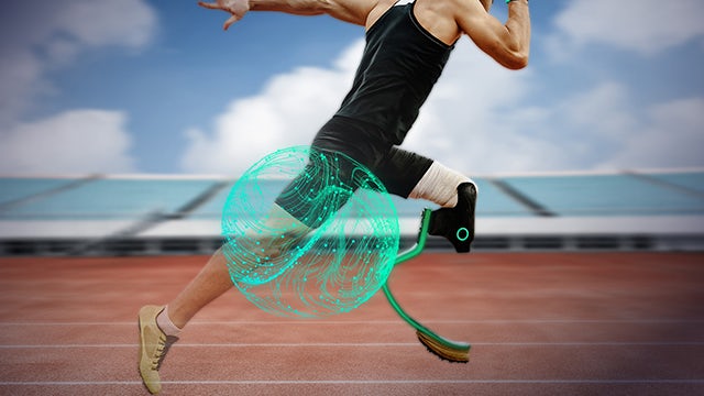 医療機器向けSaaSのイメージとして描かれた、義足ブレードを装着して走る男性の画像
